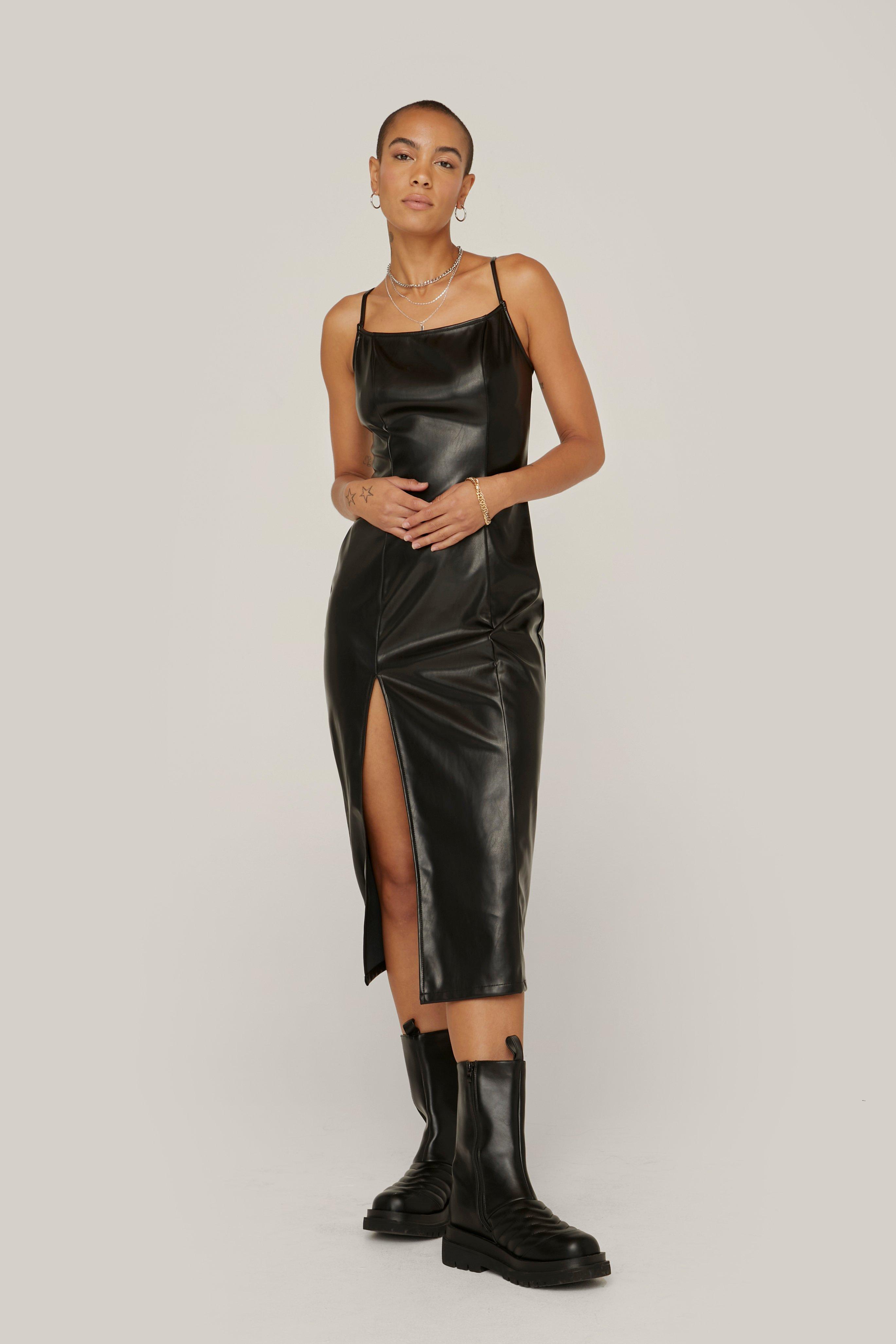 Faux Leather Strappy Low Back Midi ...